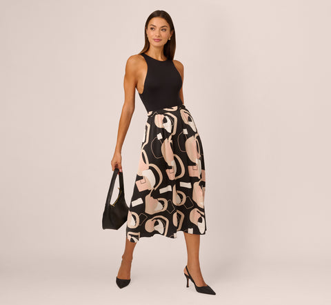 Abstract Print A Line Satin Midi Skirt In Black Modern Art