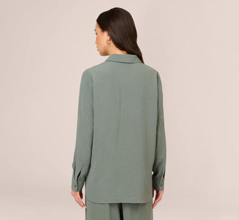 Texture Woven Button Up Shirt With Long Sleeves In Dusty Seafoam