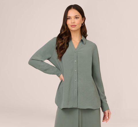 Texture Woven Button Up Shirt With Long Sleeves In Dusty Seafoam