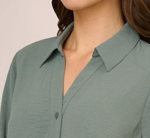 Texture Woven Button Up Shirt With Long Sleeves In Dusty Seafoam