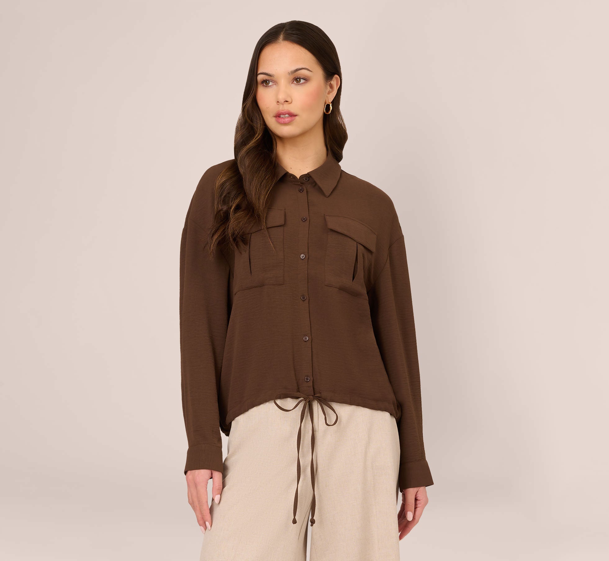 Button Up Utility Shirt With Self Tie Drawstring In Coastal Coffee 1