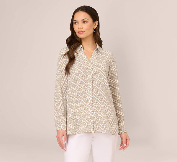 Lightweight Printed Button Down Shirt With Long Sleeves In Ivory