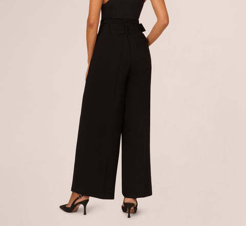 Belted Wide Leg Pants With Pockets In Black