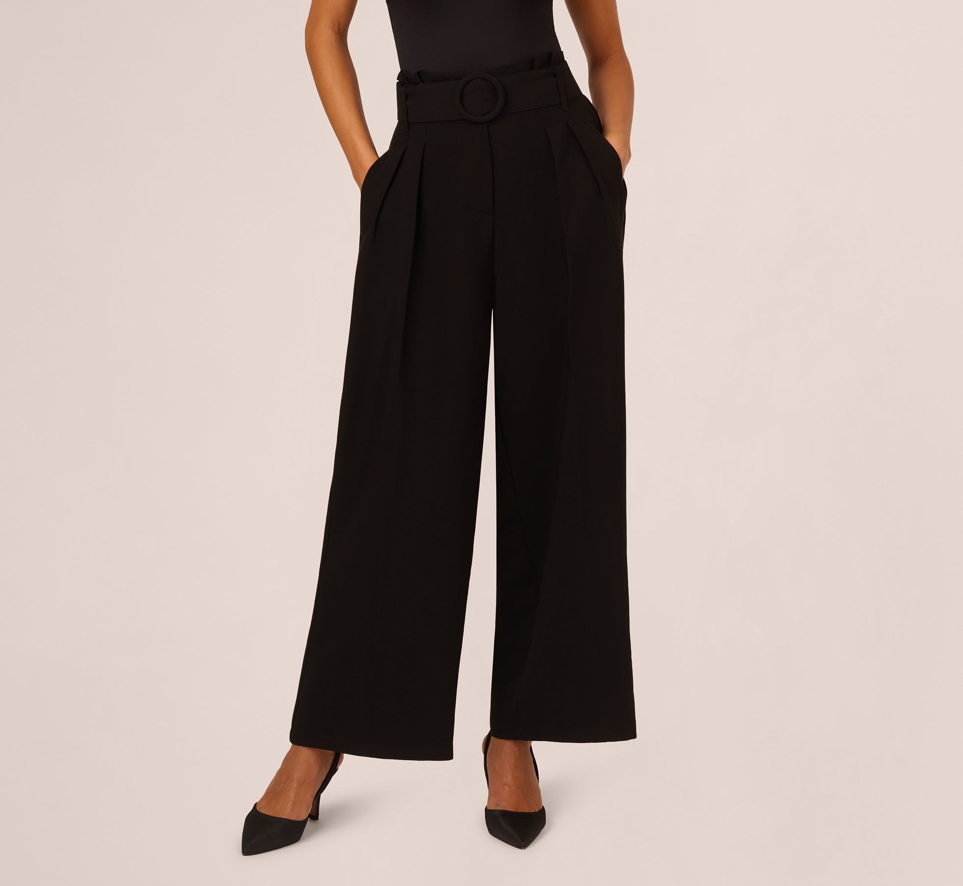 Belted Wide Leg Pants With Pockets In Black 1