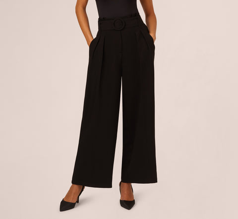 Belted Wide Leg Pants With Pockets In Black