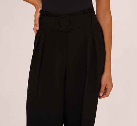 Belted Wide Leg Pants With Pockets In Black