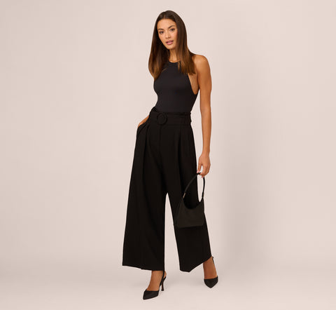 Belted Wide Leg Pants With Pockets In Black