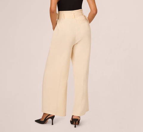 Belted Wide Leg Pants With Pockets In Cream