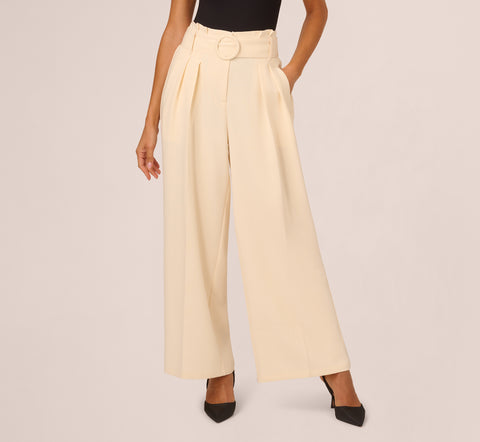 Belted Wide Leg Pants With Pockets In Cream