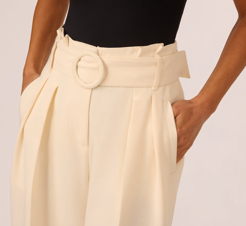 Belted Wide Leg Pants With Pockets In Cream