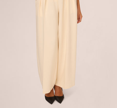 Belted Wide Leg Pants With Pockets In Cream