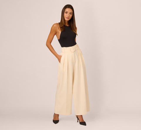 Belted Wide Leg Pants With Pockets In Cream