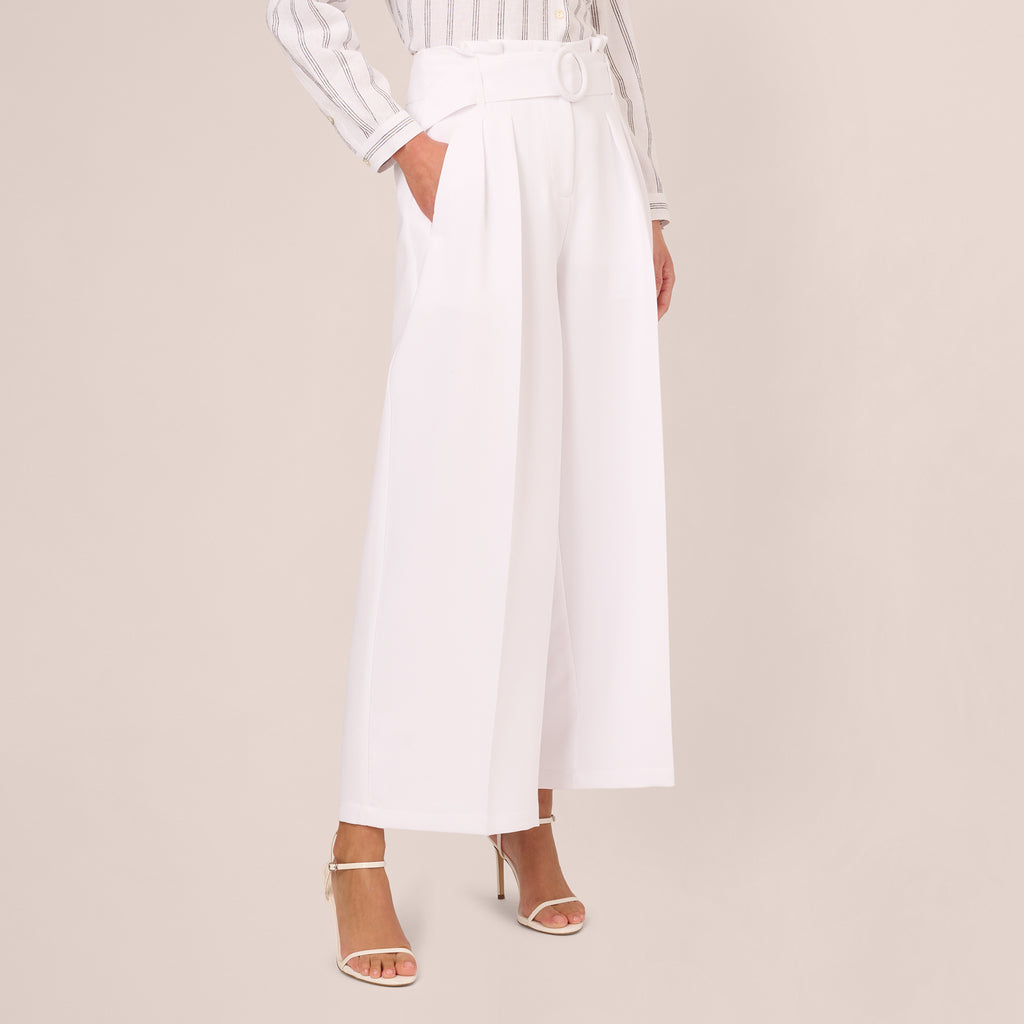 Belted Wide Leg Pants With Pockets In White