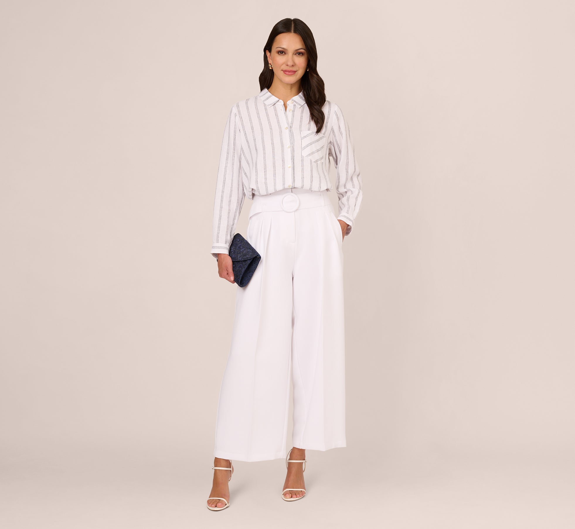 Belted Wide Leg Pants With Pockets In White Adrianna Papell