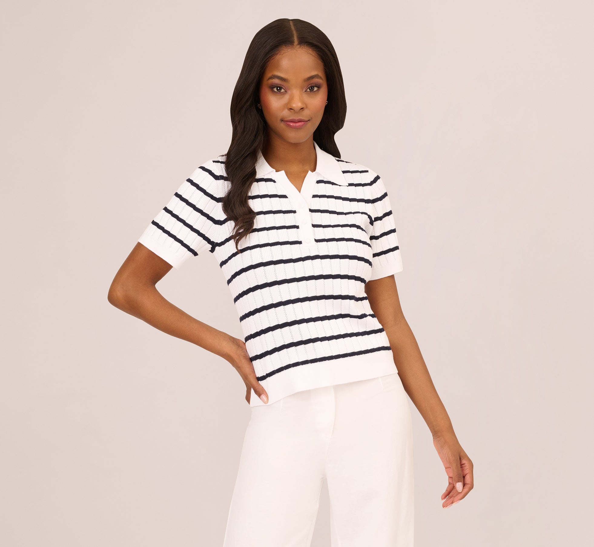 Pointelle Polo Sweater With Short Sleeves In White Blue Moon