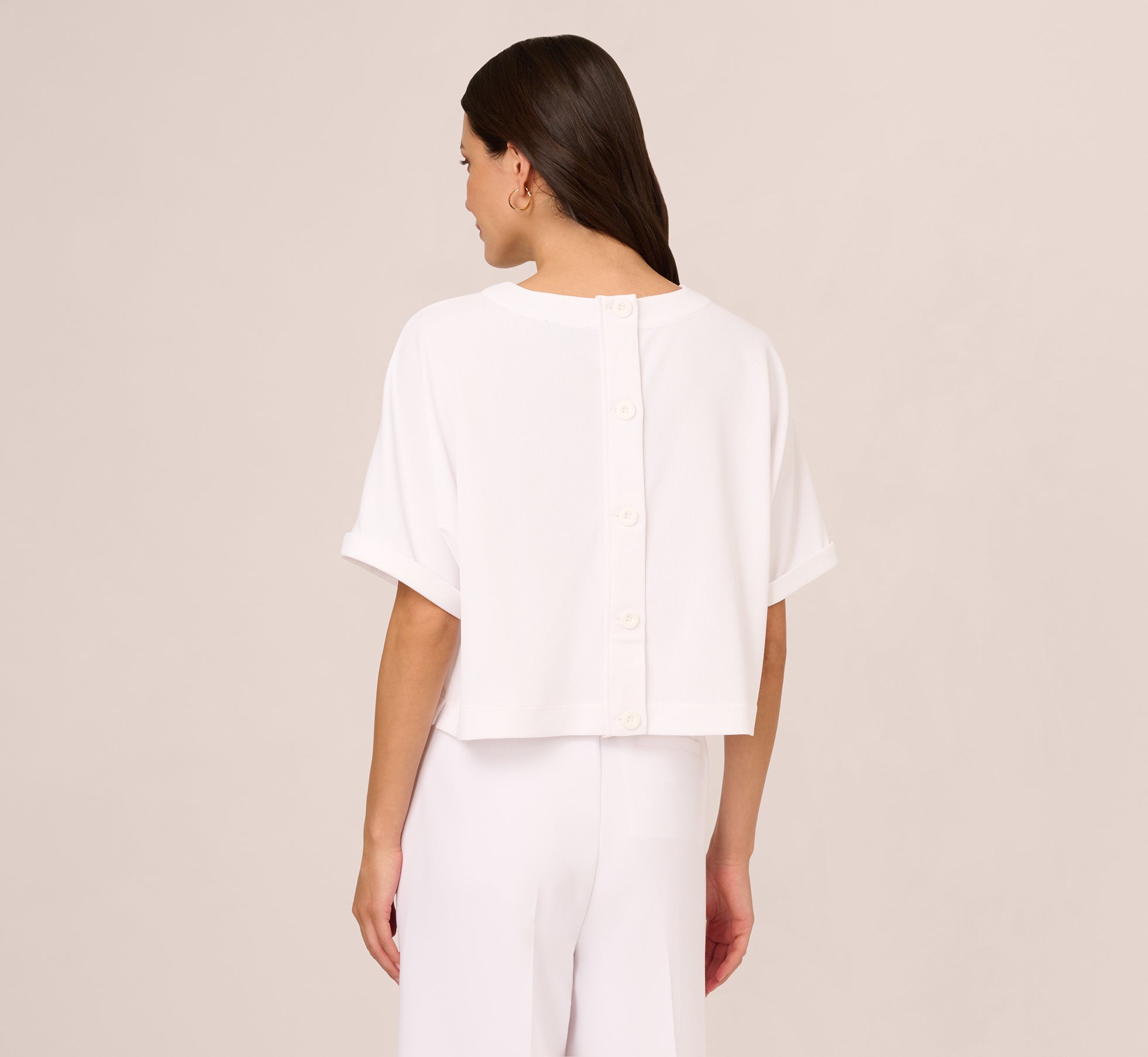 Short Sleeve Crop Top With Button Back In White Adrianna Papell