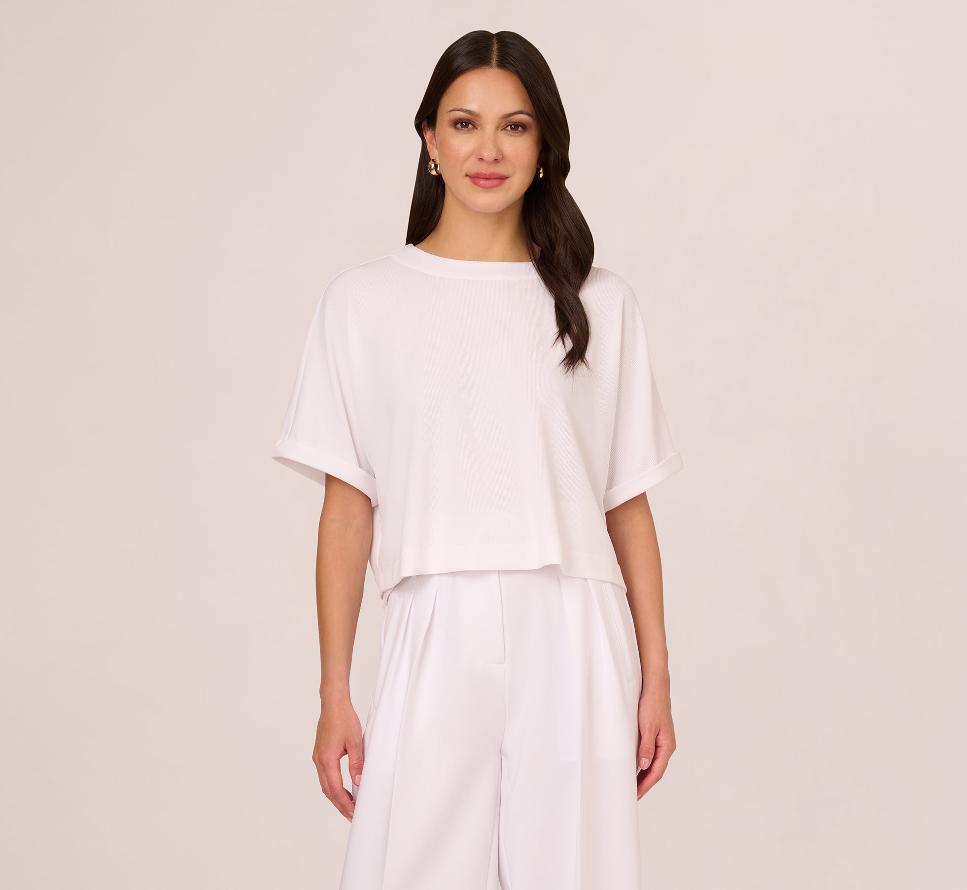 Short Sleeve Crop Top With Button Back In White Adrianna Papell