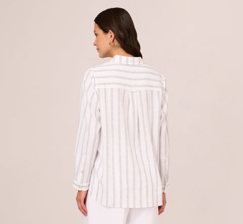 Striped Button Up Linen Shirt With Long Sleeves In White Grey Triple Stripe