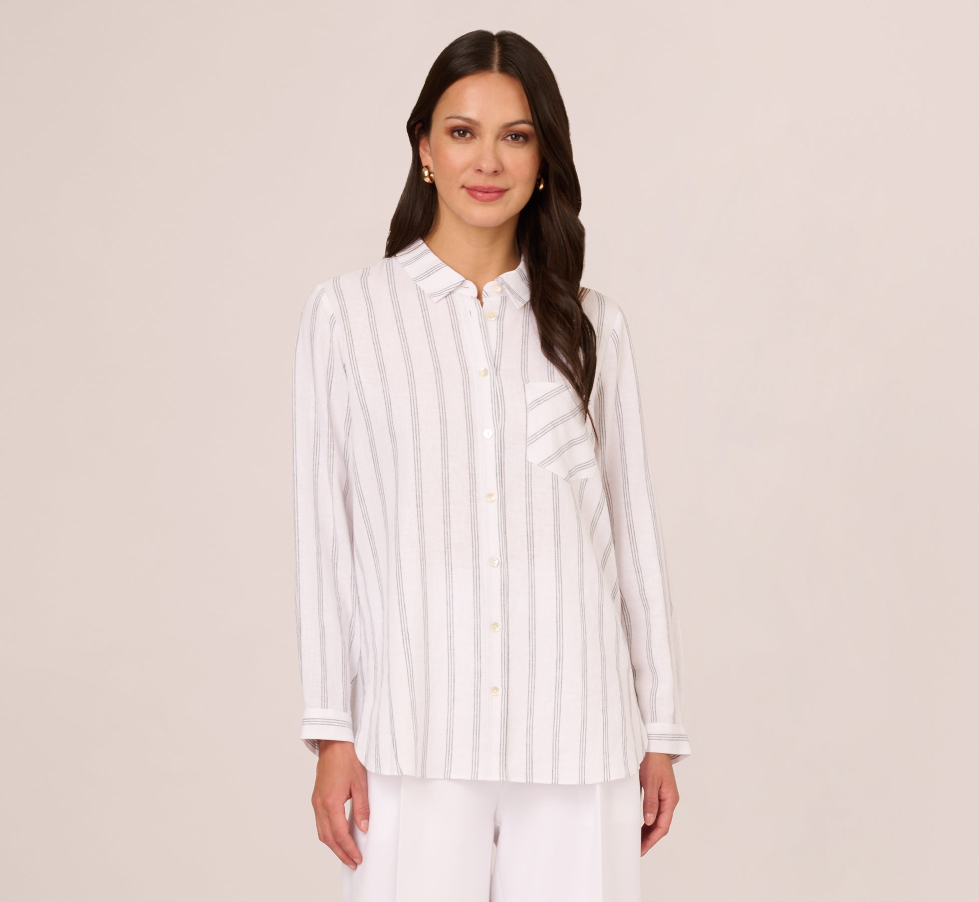 Striped Button Up Linen Shirt With Long Sleeves In White Grey Triple Stripe 1