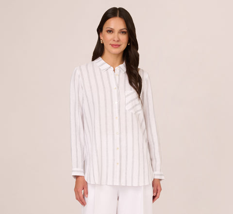 Striped Button Up Linen Shirt With Long Sleeves In White Grey Triple Stripe