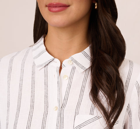 Striped Button Up Linen Shirt With Long Sleeves In White Grey Triple Stripe