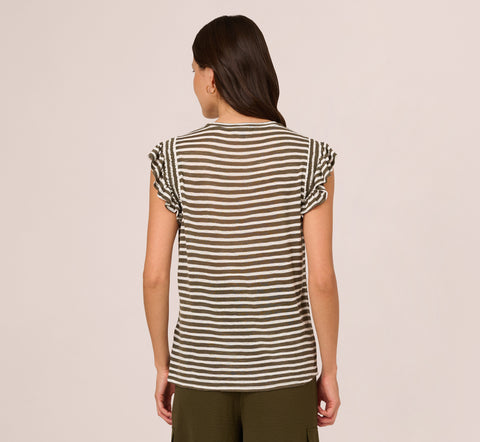 Striped Tee With Ruffle Sleeves In Dk Green White