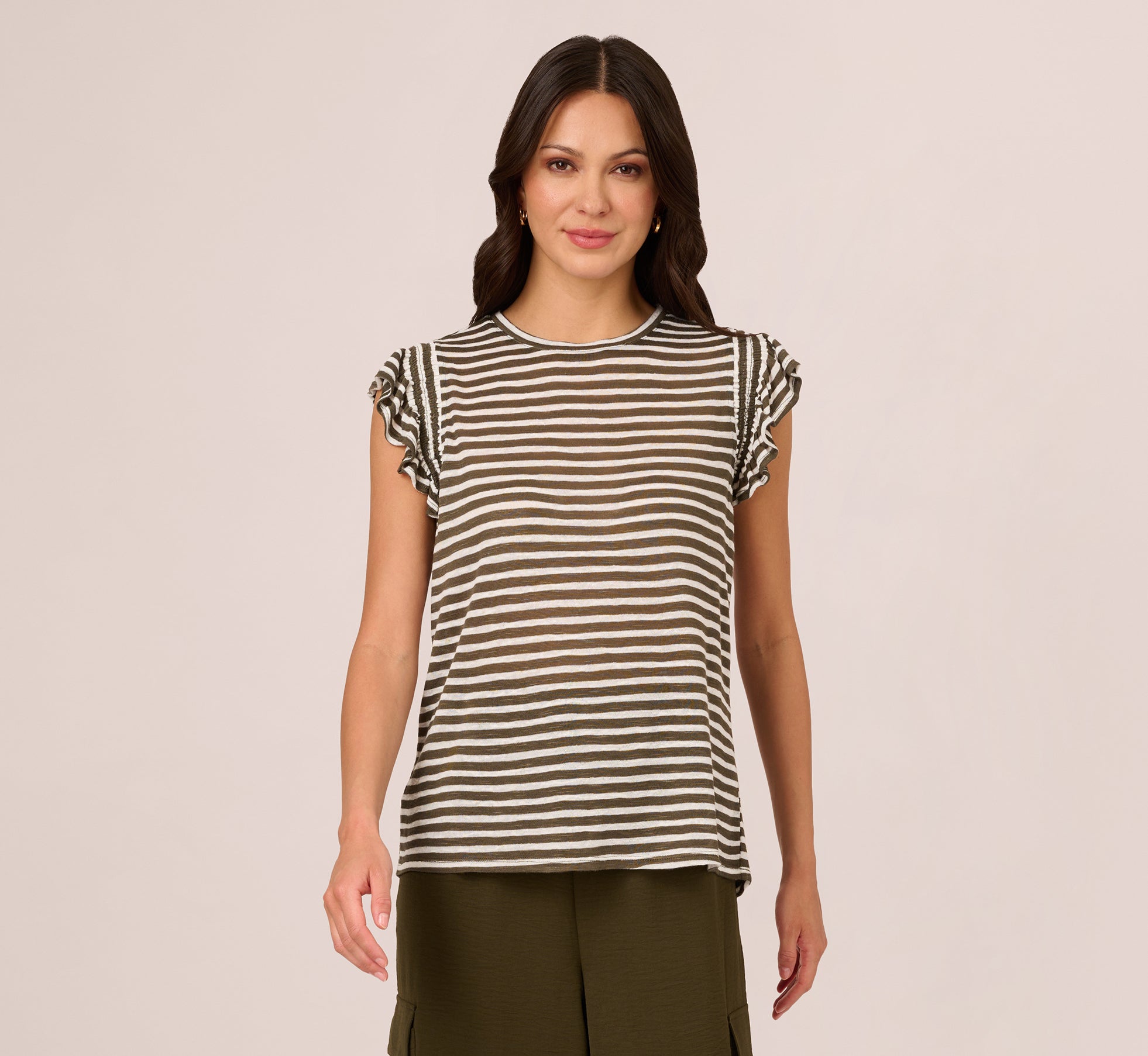 Striped Tee With Ruffle Sleeves In Dk Green White 1