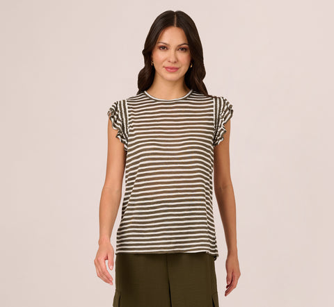 Striped Tee With Ruffle Sleeves In Dk Green White