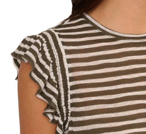 Striped Tee With Ruffle Sleeves In Dk Green White