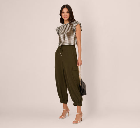 Striped Tee With Ruffle Sleeves In Dk Green White