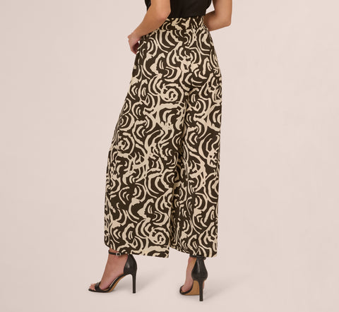 Tropical Floral Print Wide Leg Pants With Drawstring Waist In Chocolate Walnut Large Swirl