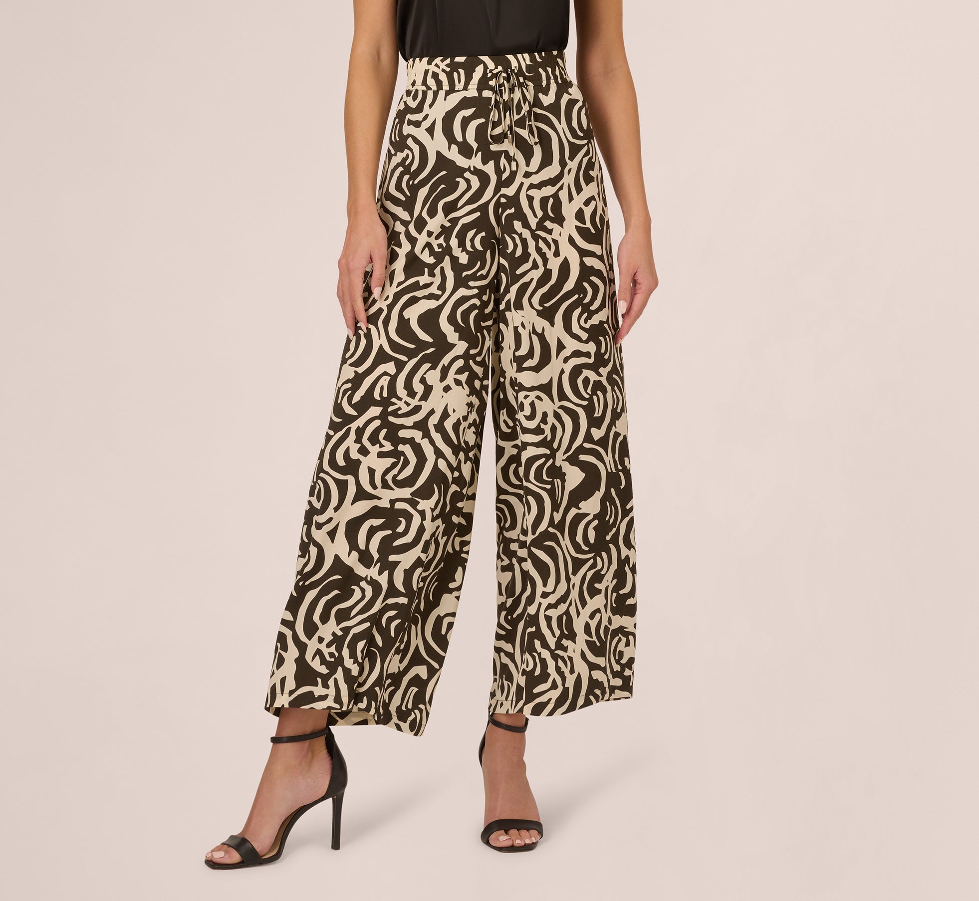 Tropical Floral Print Wide Leg Pants With Drawstring Waist In Chocolate Walnut Large Swirl 1