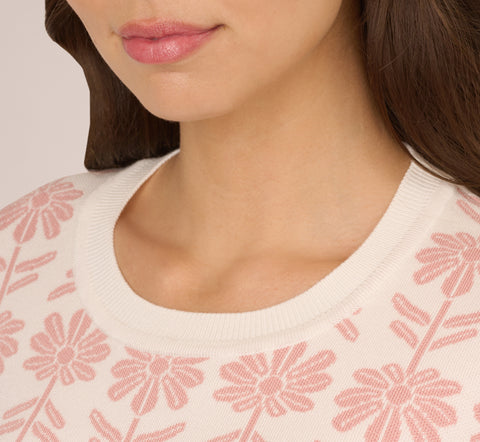 Crew Neck Floral Pullover Sweater In Ivory Champagne Rose Floral