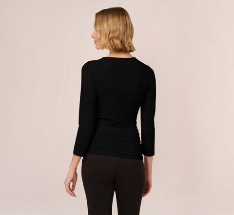 Three Quarter Sleeve Draped Jersey Top With Shirred Sides In Black