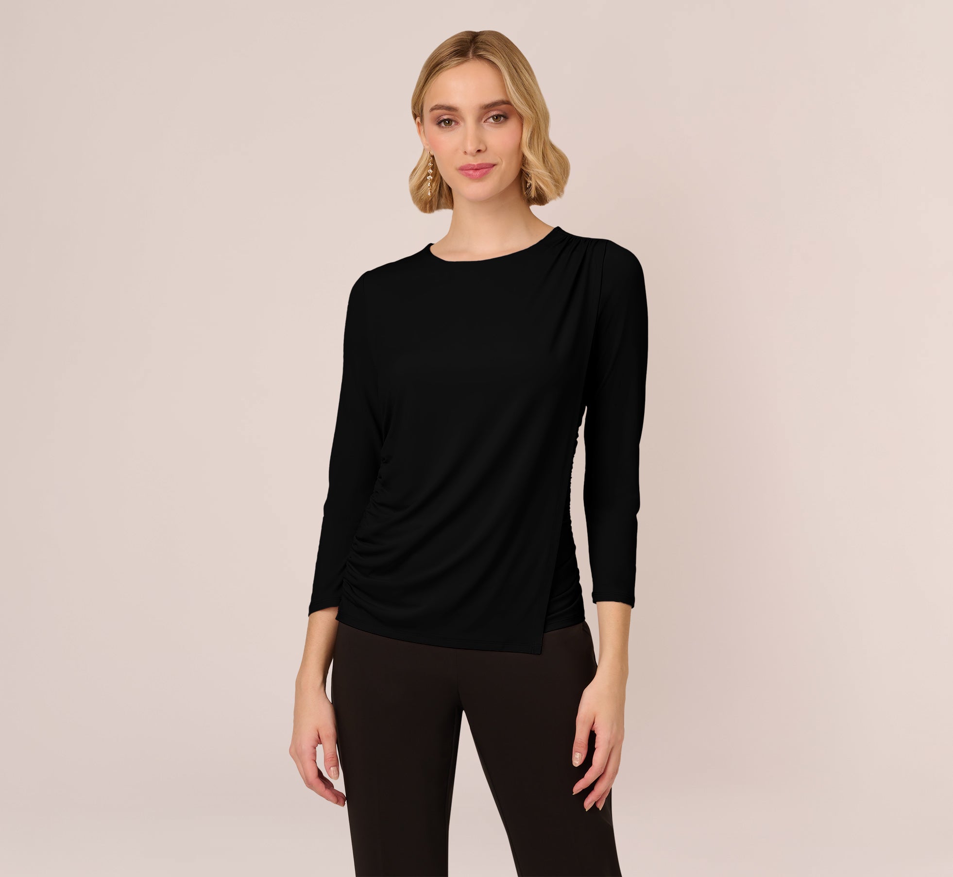 Three Quarter Sleeve Draped Jersey Top With Shirred Sides In Black 1