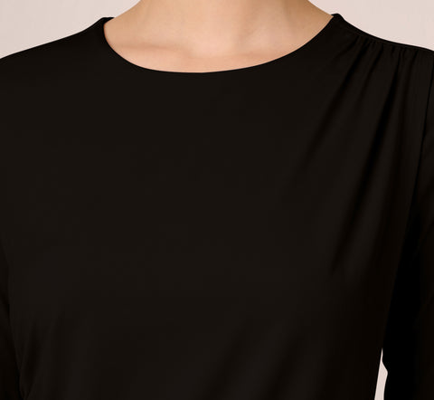 Three Quarter Sleeve Draped Jersey Top With Shirred Sides In Black