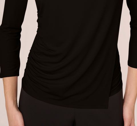 Three Quarter Sleeve Draped Jersey Top With Shirred Sides In Black