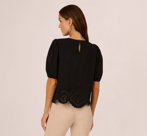 Airflow Eyelet Embroidered Woven Crop Top In Black