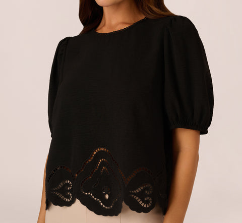 Airflow Eyelet Embroidered Woven Crop Top In Black