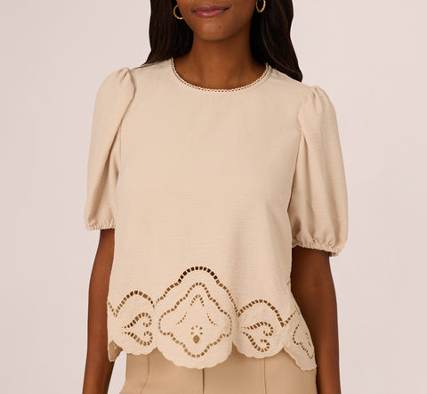 Airflow Eyelet Embroidered Woven Crop Top In Pebble