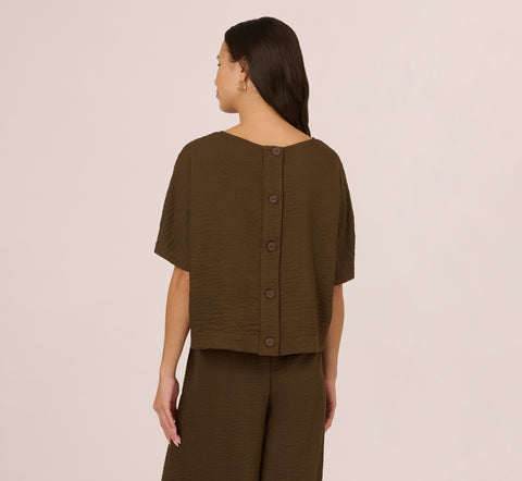 Kimono Sleeve Crinkle Boxy Crop Top In Chocolate Walnut