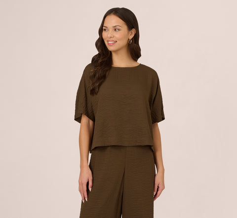 Kimono Sleeve Crinkle Boxy Crop Top In Chocolate Walnut