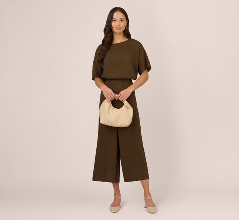 Kimono Sleeve Crinkle Boxy Crop Top In Chocolate Walnut