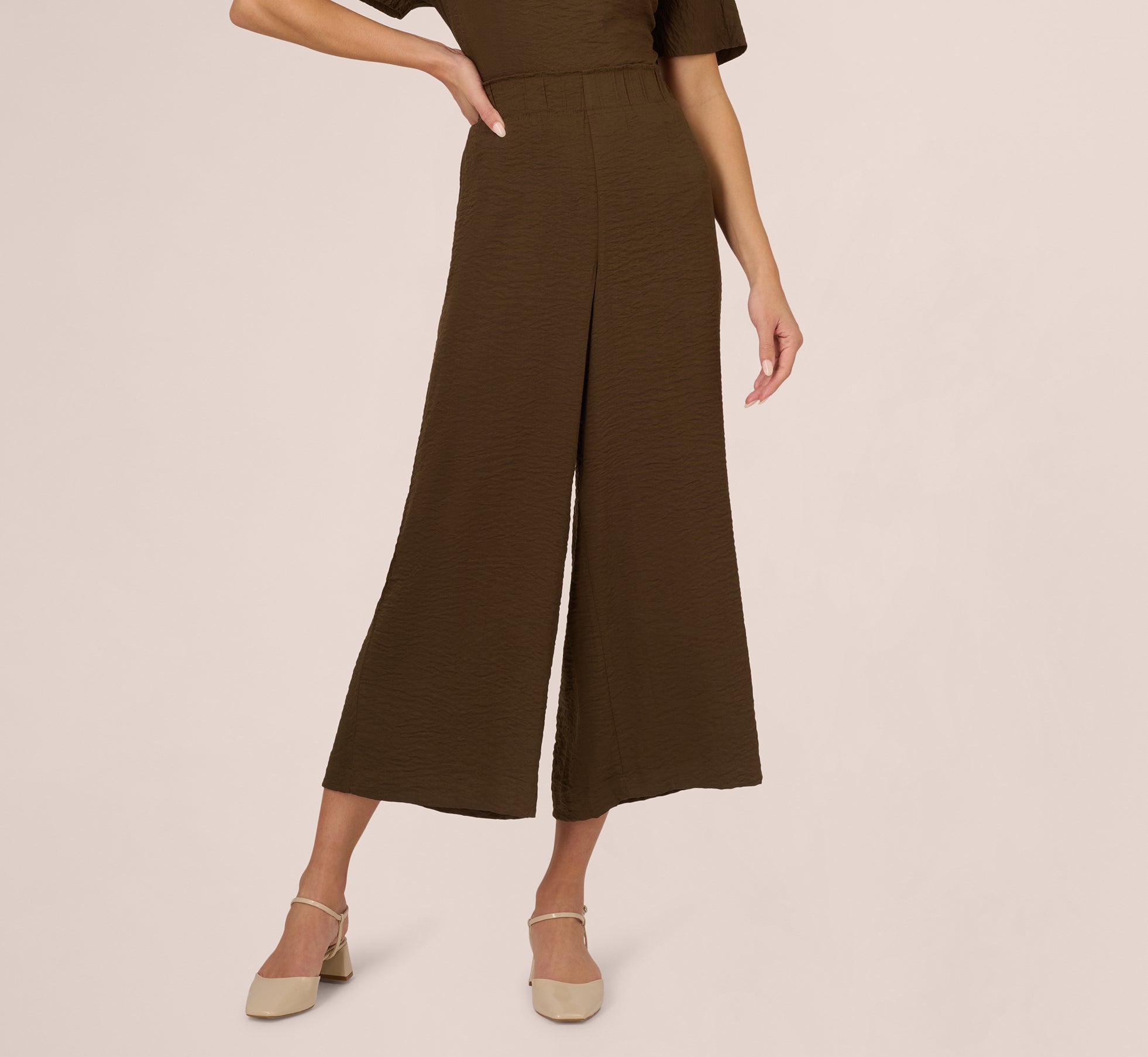 Wide Leg Crinkle Pull On Cropped Pant In Chocolate Walnut 1