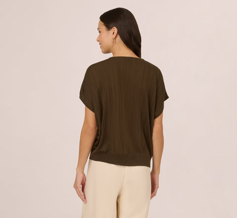 Short Sleeve Lightweight Rib Knit Sweater Top In Chocolate Walnut