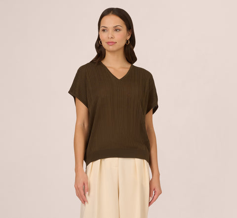 Short Sleeve Lightweight Rib Knit Sweater Top In Chocolate Walnut