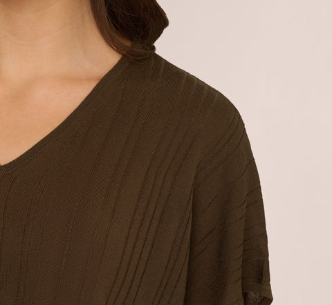 Short Sleeve Lightweight Rib Knit Sweater Top In Chocolate Walnut