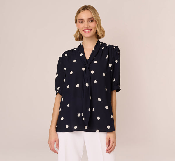 Dot Printed Short Sleeve Top With Bow Neckline In Navy Ivory Large