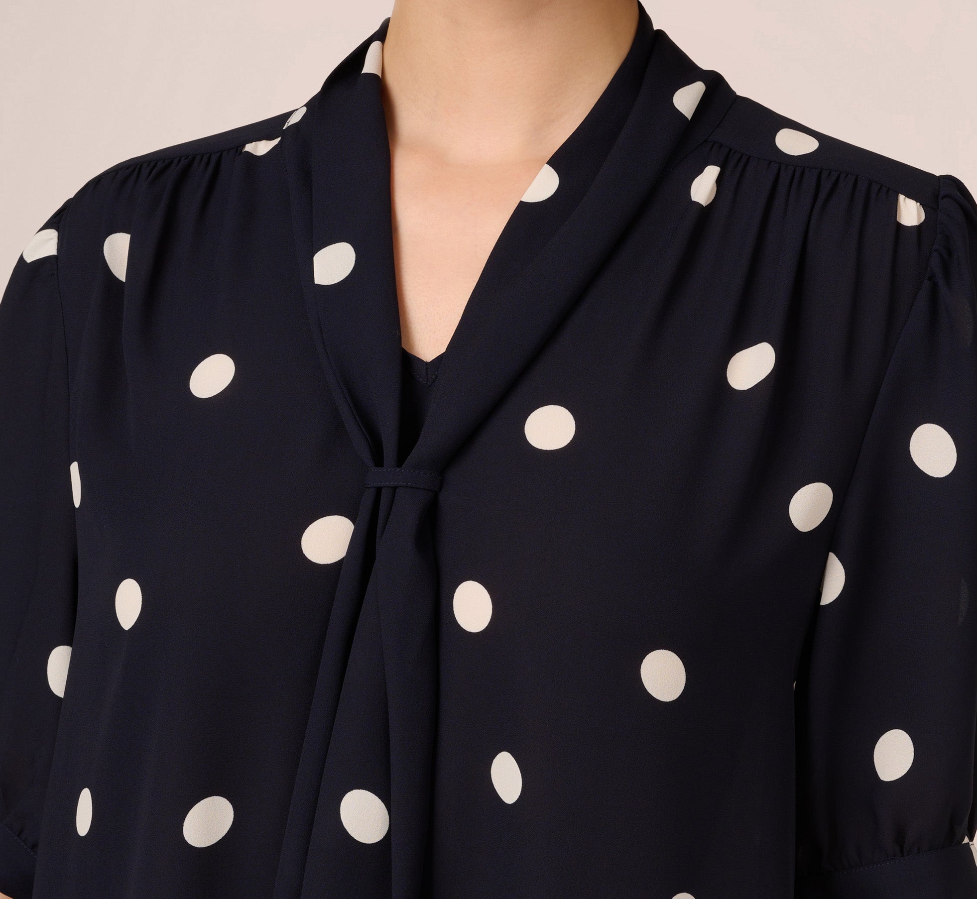 Dot Printed Short Sleeve Top With Bow Neckline In Navy Ivory Large