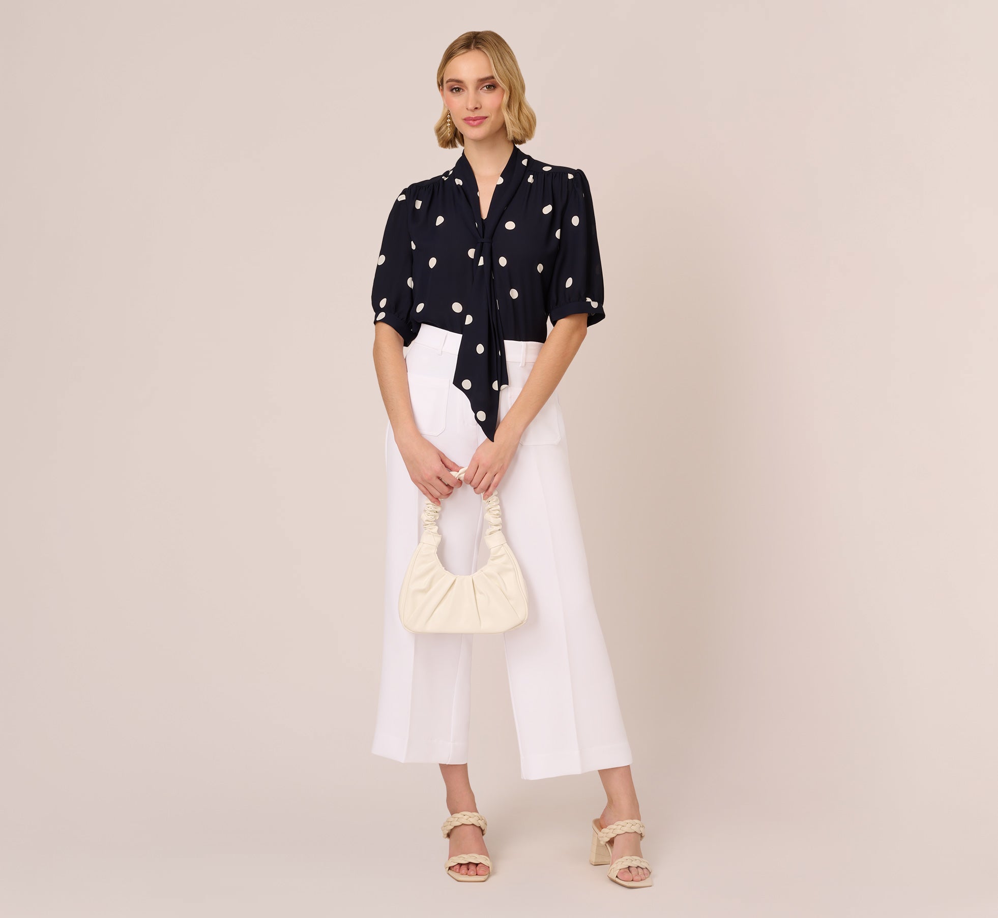 Dot Printed Short Sleeve Top With Bow Neckline In Navy Ivory Large